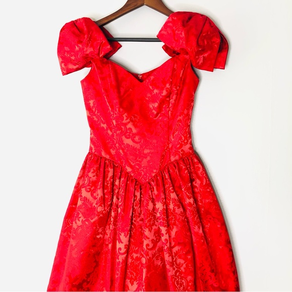 Vintage 80s Jessica McClintock Gunne Sax Red Dress Sz 3/4 Bows Shoulder Straps - Picture 3 of 10